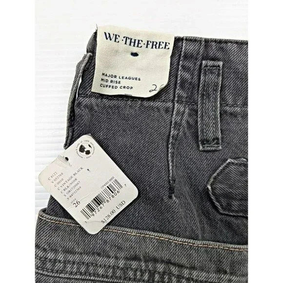 Free People Major Leagues Mid Rise Cuffed Black Jeans Size 26 (MSRP $128) - Picture 8 of 9